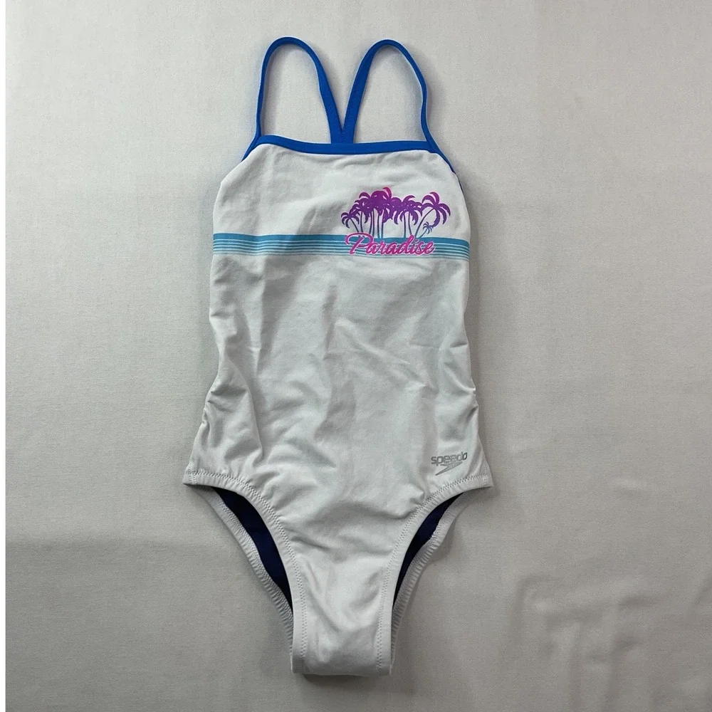 Speedo Kids Endurance+ Paradise One Piece Swimsuit White Blue Size 22 NWT